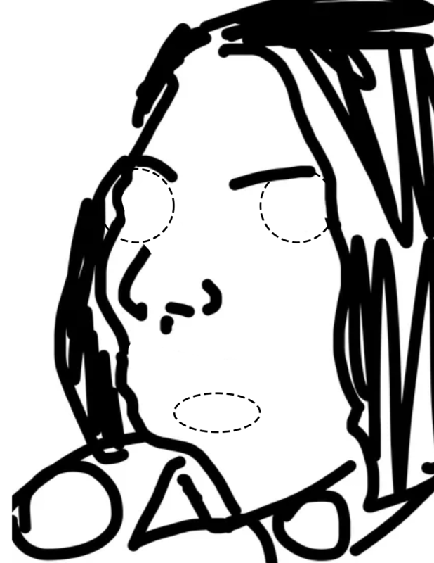 Printable Halloween mask: a long-haired face in heavy black brushstrokes, turned three-quarters away