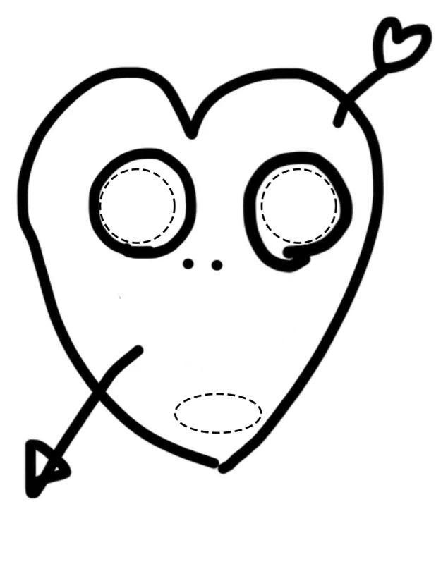 Printable Halloween mask: a heart-shaped face with an arrow through it and two large round eyes