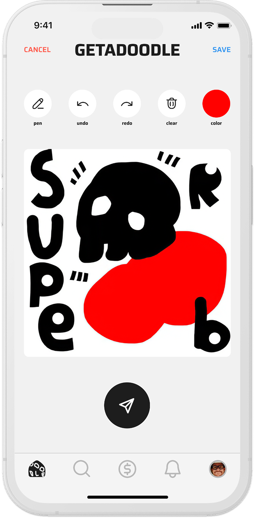 The Getadoodle drawing screen with a bold black-and-red doodle reading Superb