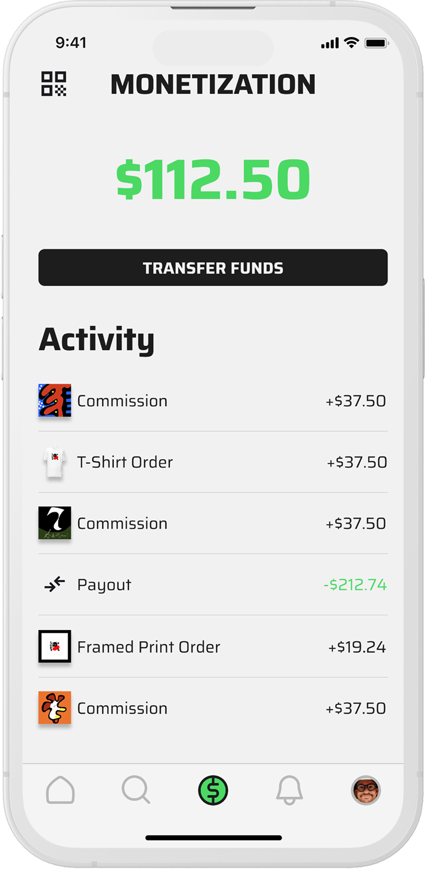 The monetization screen showing a $112.50 balance, a Transfer Funds button, and earnings activity