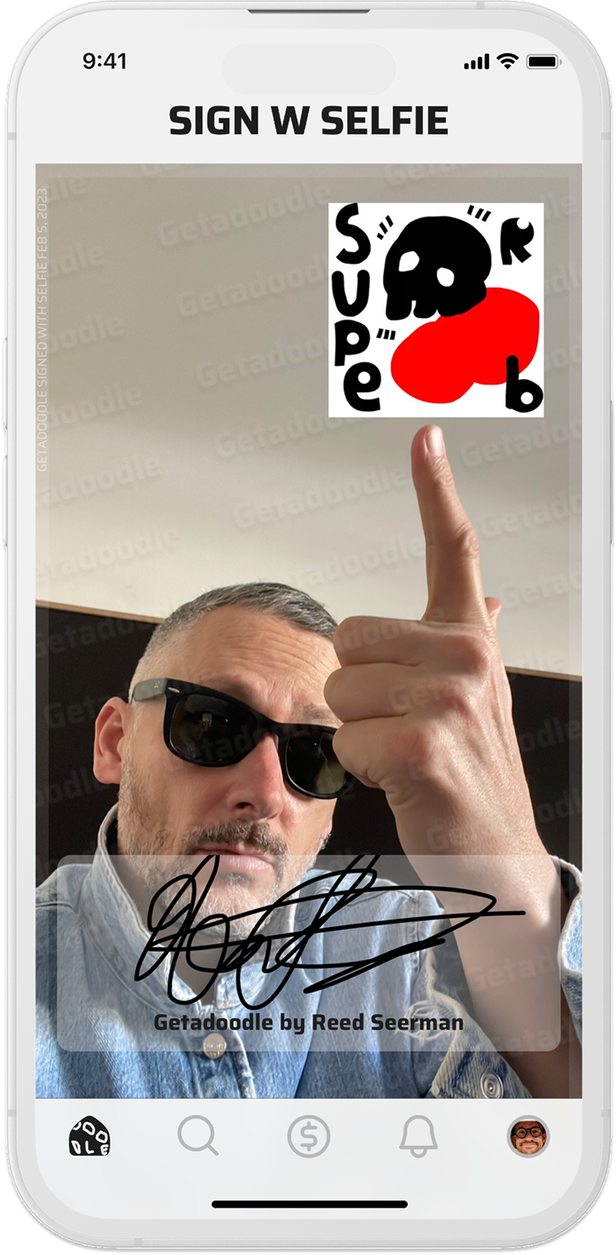 The Sign with Selfie screen: a selfie signed with a doodle and a handwritten signature